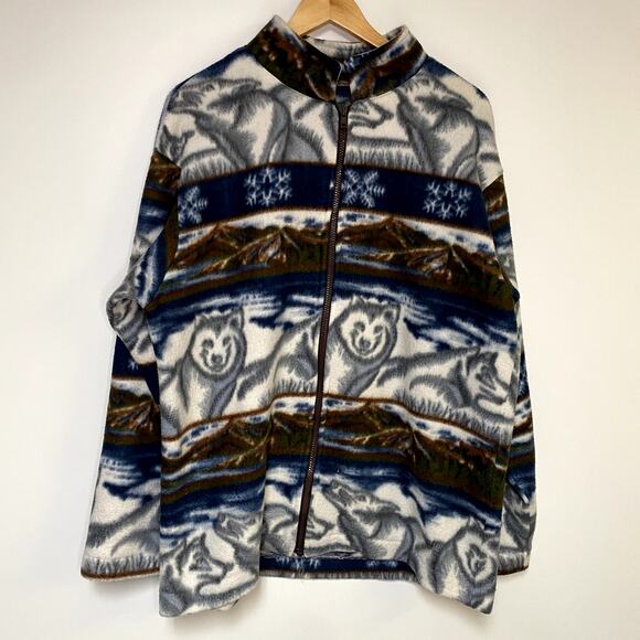 Vintage Wolf Fleece Sweater 90s Full Zip Sweatshirt Wolves - Picture 1 of 2